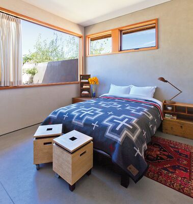 The Pinfolds' daughter, Zoë, an industrial designer in Los Angeles, built the bamboo plywood rolling stools (bottom) and laser-etched them with a topographical map of the Maupin area.